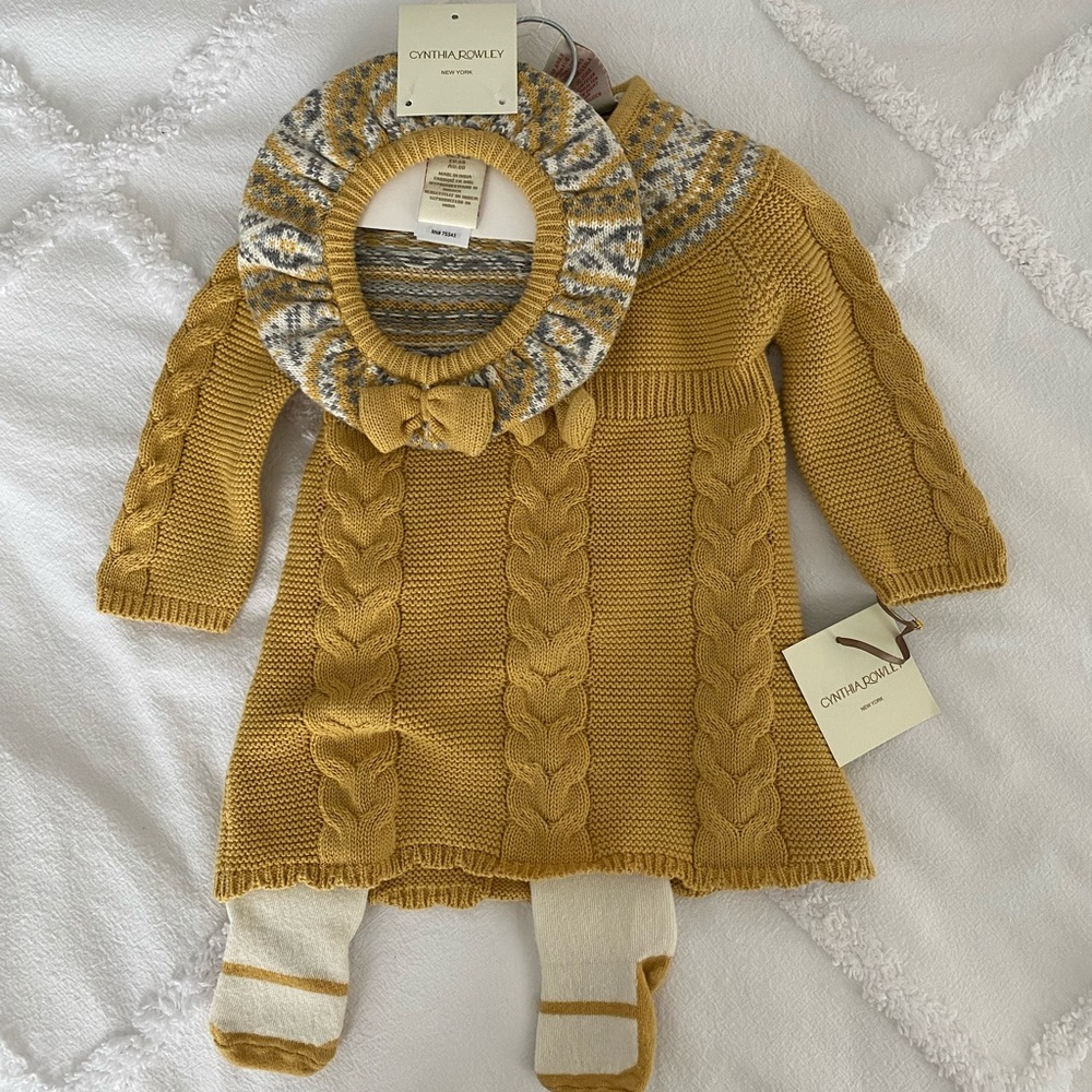 Cynthia Rowley Baby Girl’s Sweater Dress with tights and hat